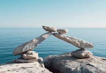 Balanced rocks forming an arch over calm ocean.