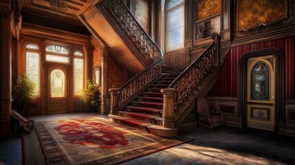 Grand Victorian mansion interior with ornate staircase, sunlit entryway, and rich red carpeting.