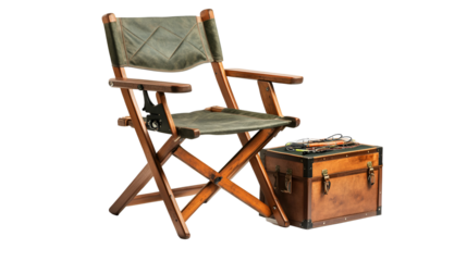 Vintage Wooden Directors Chair with Leather, Fishing Gear Trunk