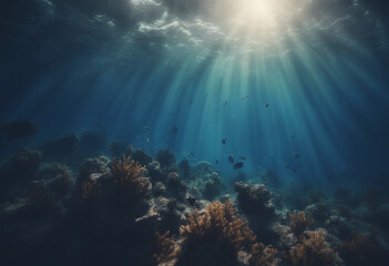 Fototapeta premium Underwater Sea Deep Water Abyss With Blue Sun light