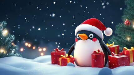 Merry Christmas, postcard with cartoon night winter landscape and penguin in Santa Claus hat with presents