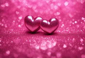 Obraz premium Two Hearts On Pink Glitter In Shiny Background Valentines Day Concept