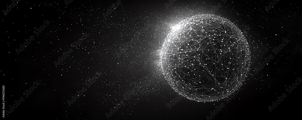 Poster global communication and networking concept with a glowing globe connected by lines and dots, symbol