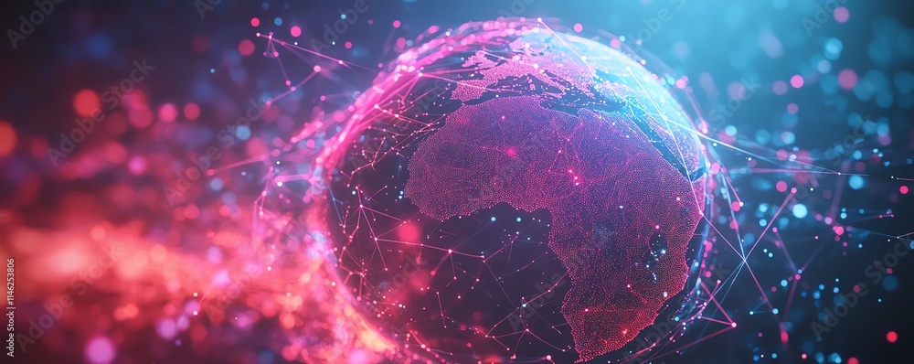 Aufkleber global communication concept with a glowing globe connected by vibrant lines and dots, illustrating 