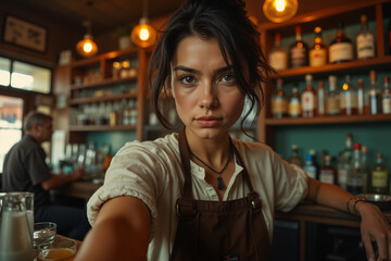 Young woman with a neutral expression, wearing a brown apron and sitting at a bar, appears to be a bartender or server.