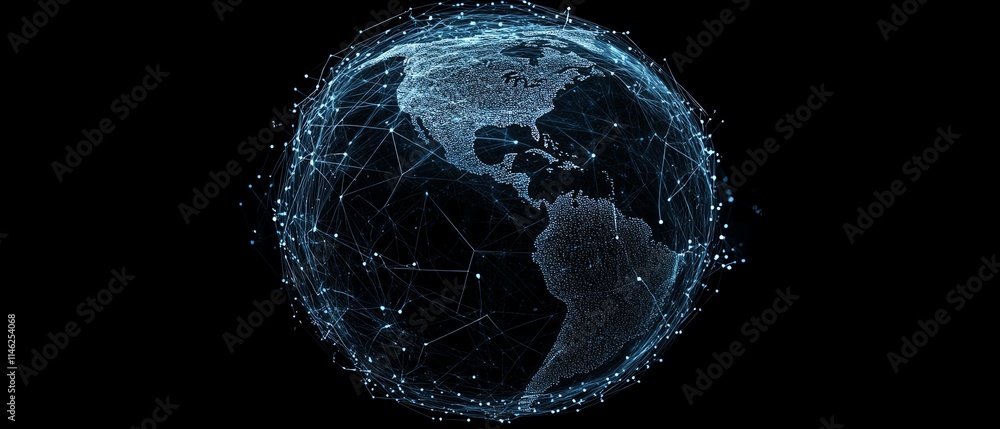 Poster globe connected by dynamic lines and dots, illustrating global communication, digital networks, and 