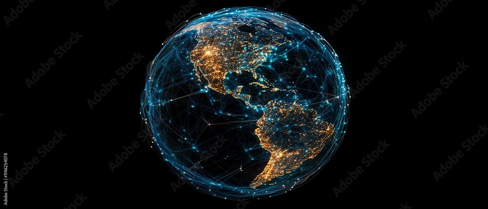 Poster globe connected by dynamic lines and dots, illustrating global communication, digital networks, and 