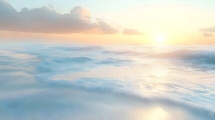 Fototapeta premium A serene and tranquil seascape showcasing gentle ocean waves under a soft pastel sky at sunrise, evoking feelings of peace and calmness.