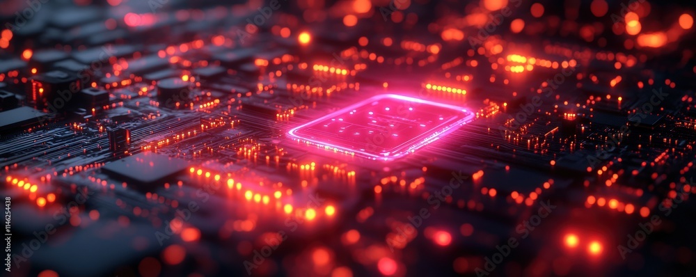 Poster close-up of illuminated microchip circuit board.