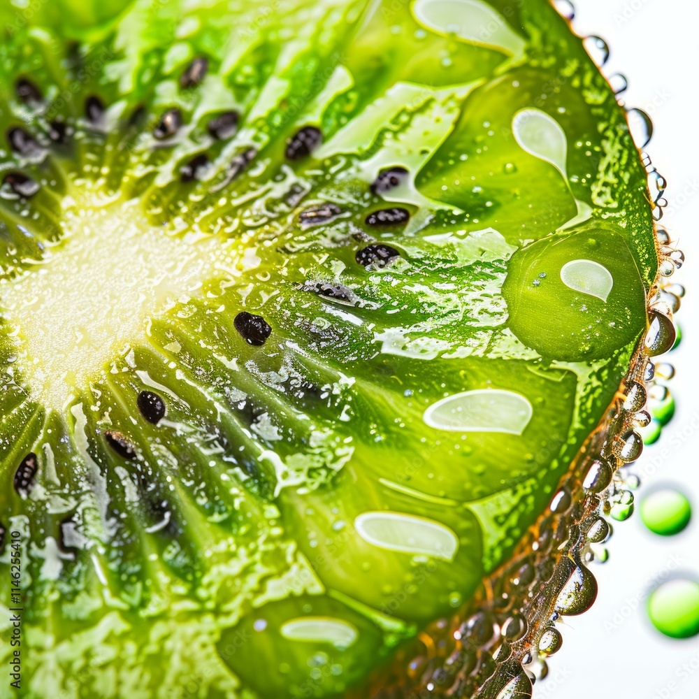 Poster fresh kiwi slice submerged in carbonated water, creating a refreshing and vibrant image
