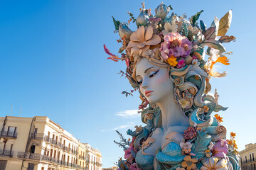 Colorful floral decorations adorn an intricately designed statue, symbolizing creativity and culture. This traditional Fallas celebration in Valencia brings the community together