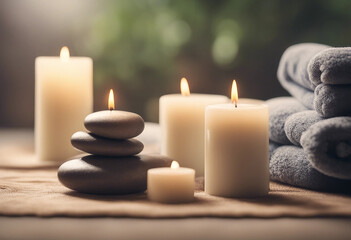 Spa Concept Massage Stones With Towels And Candles In Natural Background