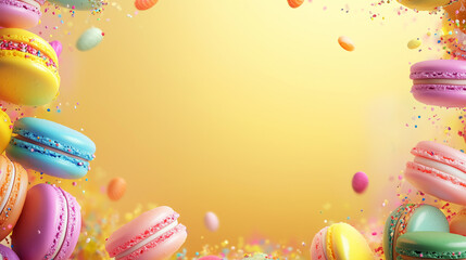 Macarons in rainbow colors, with sprinkles and candy decorations. The background is a bright yellow.