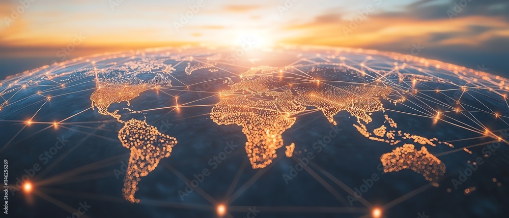 Poster world globe connected by digital lines and dots, representing global communication, networking, and 