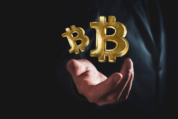 cryptocurrency bitcoin theme with a businessman in front of a blackboard with bitcoin