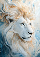 Majestic artistic lion portrait with detailed flowing mane painted in soft blue and golden tones for bold and elegant visual appeal