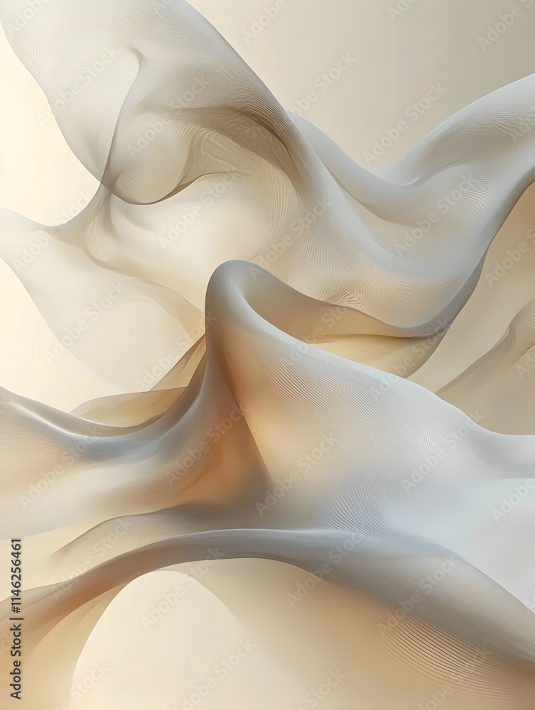 Poster a calming abstract composition featuring flowing waves of soft beige and cream tones, evoking a sens