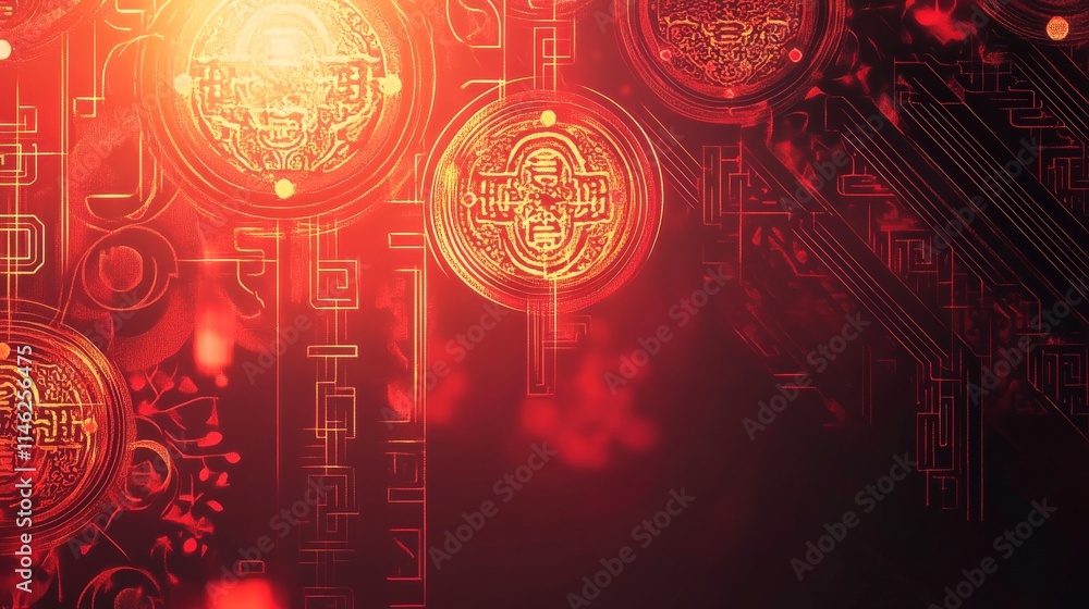 Poster Abstract digital background with glowing circular patterns and circuit-like designs, featuring vibrant red hues that evoke a sense of technology and modernity, perfect for futuristic themes.