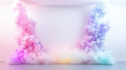 Fototapeta premium Colorful pastel smoke clouds framing a minimalist white studio background.