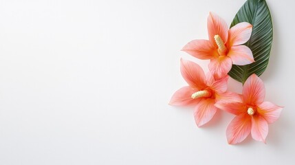 Naklejka premium Coral flowers and green leaf on white background.