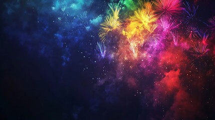 A vivid array of multicolored fireworks lighting up a deep dark canvas, with a generous copy space designed for versatile holiday themes