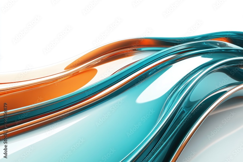 Poster abstract 3d rendering of flowing teal and orange metallic waves on a white background.