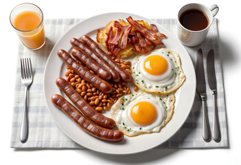 fried eggs with bacon and vegetables
