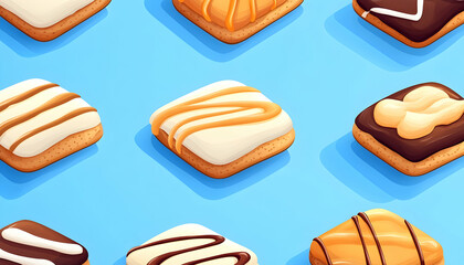 Multiple square pastries, some with drizzle, on blue surface, as background for culinary website.