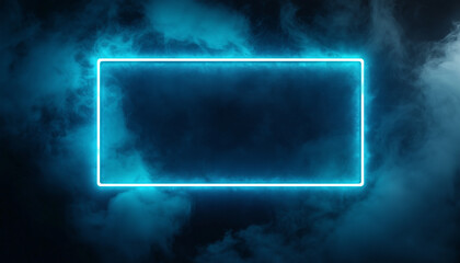 Glowing neon rectangle frame surrounded by dark blue misty clouds creating a futuristic and mysterious atmosphere