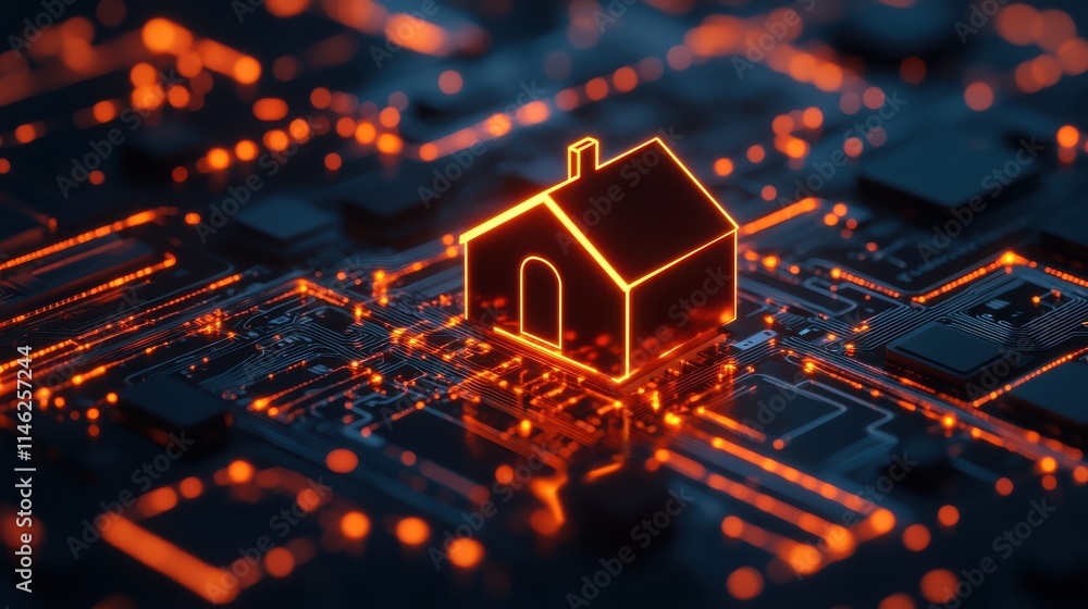 Poster smart system management and smart home technologies concept with glowing digital home icon surrounde