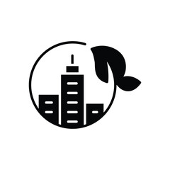 Green city icon. Simple solid style. Nature, business, house, tree, landscape, construction, building, leaf, environment concept. Black silhouette, glyph symbol. Vector illustration isolated.