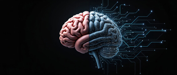 Close up of the brain combined or merging with technology, artificial intelligence concepts, Generative AI