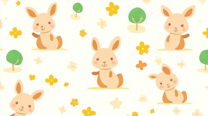 Obraz premium Seamless pattern of cute cartoon bunnies, flowers, and trees on white background.