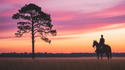 Silhouetted cowboy on horseback at sunrise, beside a lone tree in a field.