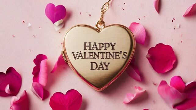 Heart-shaped locket surrounded by rose petals for Valentines Day celebration