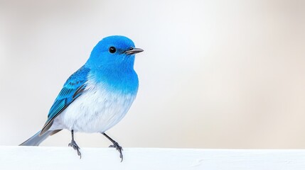 Fototapeta premium Vibrant blue bird perched on white surface.