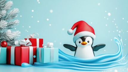 White minimalistic modern Christmas postcard with blue abstract liquid shape and penguin in Santa Claus hat with presents