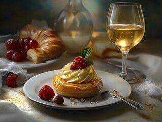 Elegant Dessert Setting with Pastry, Raspberries, and Wine Glass in a Cozy Atmosphere