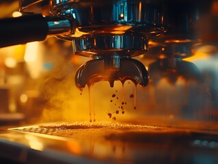 Close-Up of Espresso Machine Brewing Fresh Coffee with Steam in Warm Ambient Light