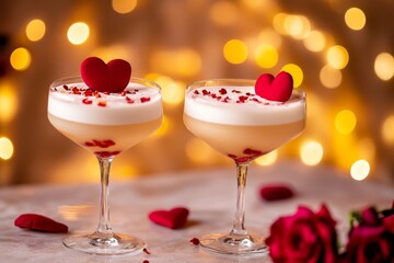 Cocktails with hearts against blurred background of a romantic restaurant with bokeh lights and flowers, Valentine's Day concept 