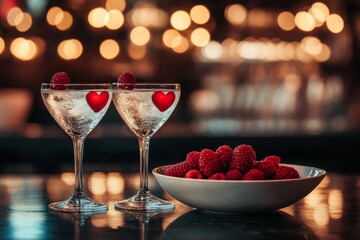 Cocktails with hearts on blurred background of a romantic restaurant with bokeh lights and raspberry, Valentine's Day concept 