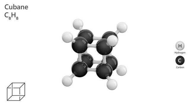 Cubane. Animated 3D model of a molecule. Molecular formula: C8H8. Chemical model: Ball and stick. White background. 3D rendering. Seamless loop.