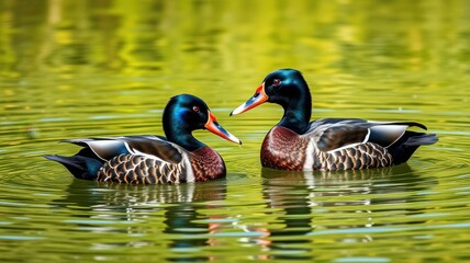 Fototapeta premium Ducks swimming peacefully in a serene pond surrounded by lush greenery during a sunny afternoon