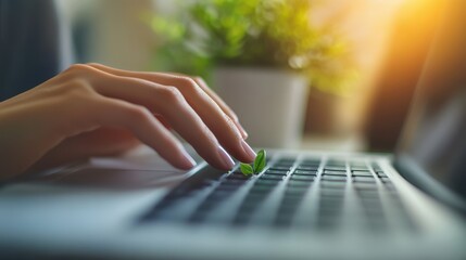 Woman pressing key on keyboard, closeup. Ecology concept