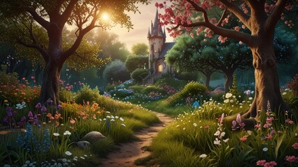 Magical castle nestled in a vibrant spring garden, sunlit path.