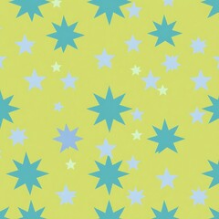 Starry Yellow: This vibrant seamless pattern features teal and blue stars of varying sizes against a cheerful yellow background. Perfect for a whimsical, playful aesthetic. 