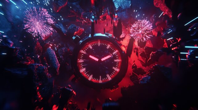 Stunning Abstract Composition of a Clock Surrounded by Explosions of Colorful Light and Shards, Capturing the Essence of Time and Motion in a Vibrant Digital Art Environment