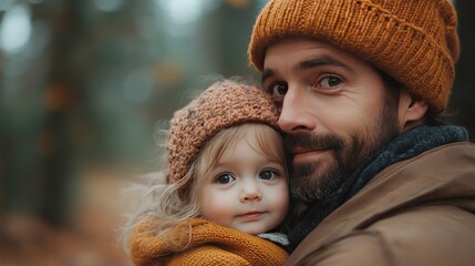 Obraz premium Close-up portrait of a father and his toddler daughter, embracing outdoors in autumn.