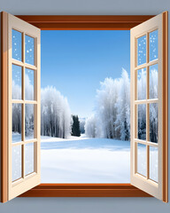 Snowy winter landscape viewed from open window; frost covered trees; winter wonderland; ideal for calendars or postcards.