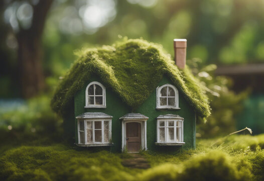 Eco Friendly House Paper Home On Moss In Garden